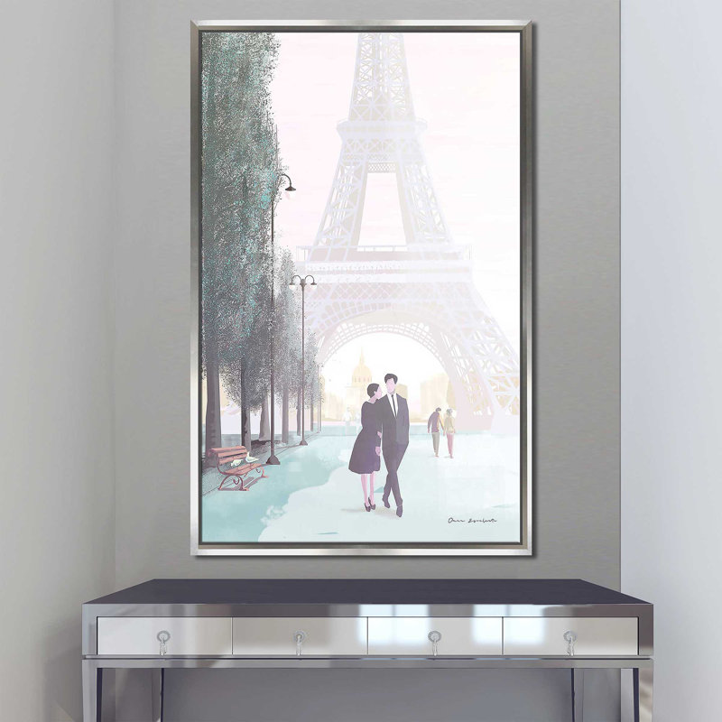 «Paris Love» par Omar Escalante - Peinture, Cadre flottant argent, H 43,5 po x l 27,5 po x P 2 po