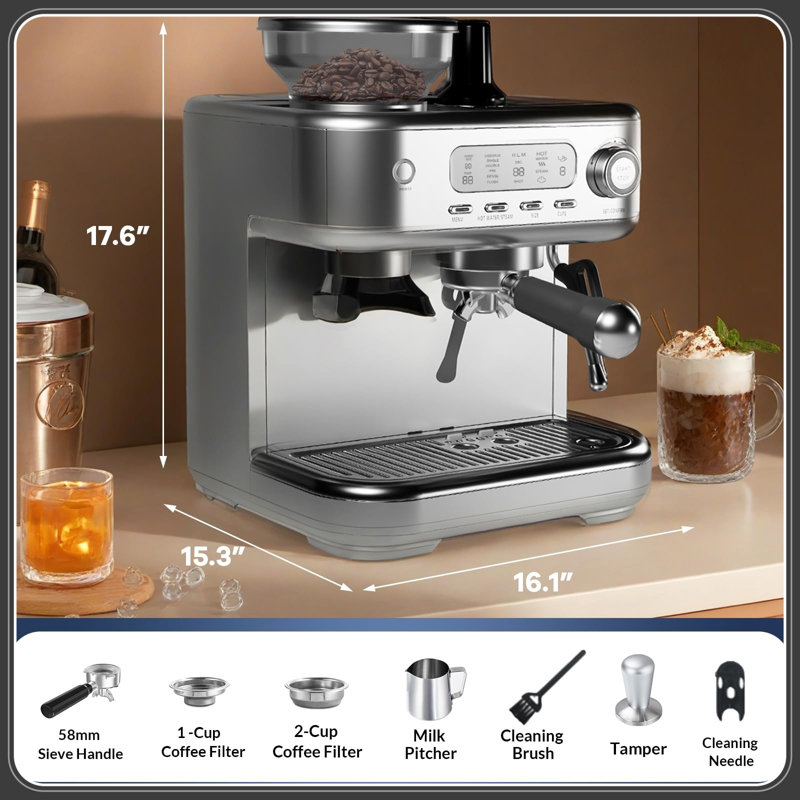 Espresso Machine 15 Bar, LCD Display Espresso Maker with Grinder, Milk Frother and PID Temperature Control, Professional Coffee Maker for Latte Cappuccino - 8.8 Oz Bean Hopper