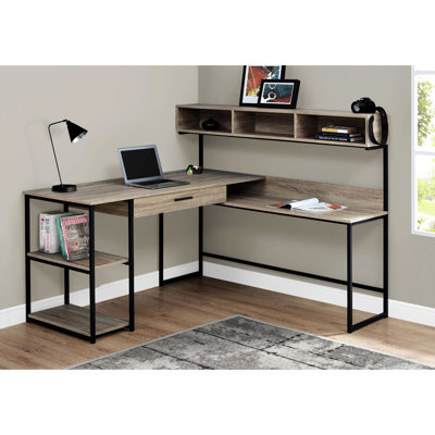 Bureau d'ordinateur moderne en forme de L pour la maison, le rangement, le stratifié aspect bois taupe foncé et le métal noir, avec options de rangement