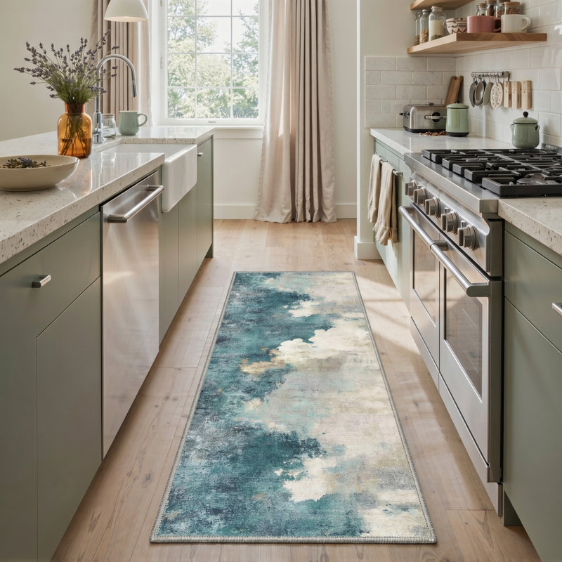 Aquatone Modern Machine Washable Beige / Blue Indoor Area Rug with Non-Slip Backing, Runner 2'3" x 6'