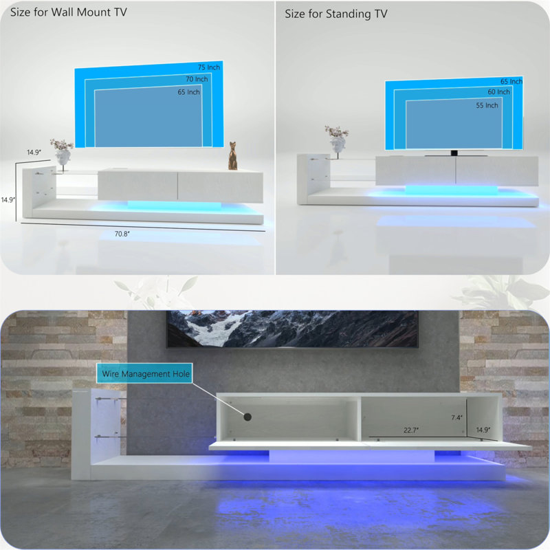 Console de télévision moderne à DEL avec 31 modes d'éclairage et beaucoup de rangement, parfaite pour une ambiance et une organisation dynamiques