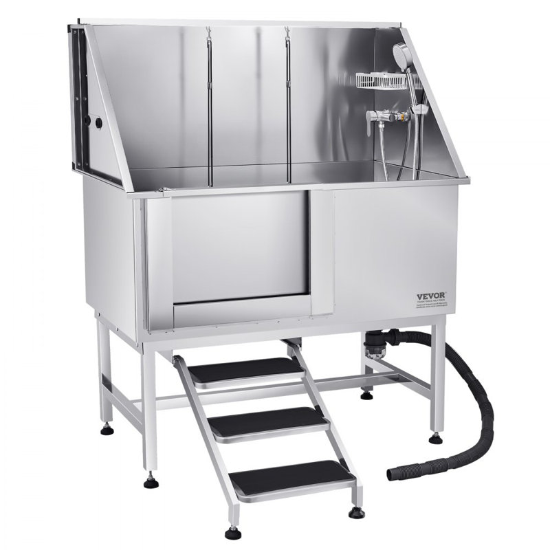 50 Inch Dog Grooming Bath Tub Stainless Steel w Stairs Water Filter Left