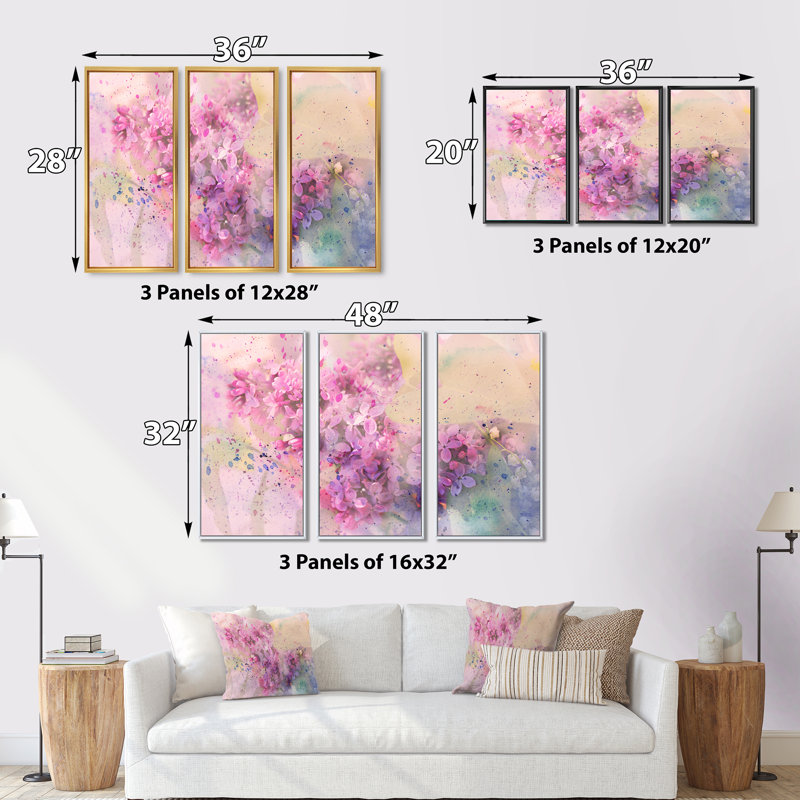 " Twig Of Lilac Flowers " 3 - Pieces, Black, 28" H x 36" W