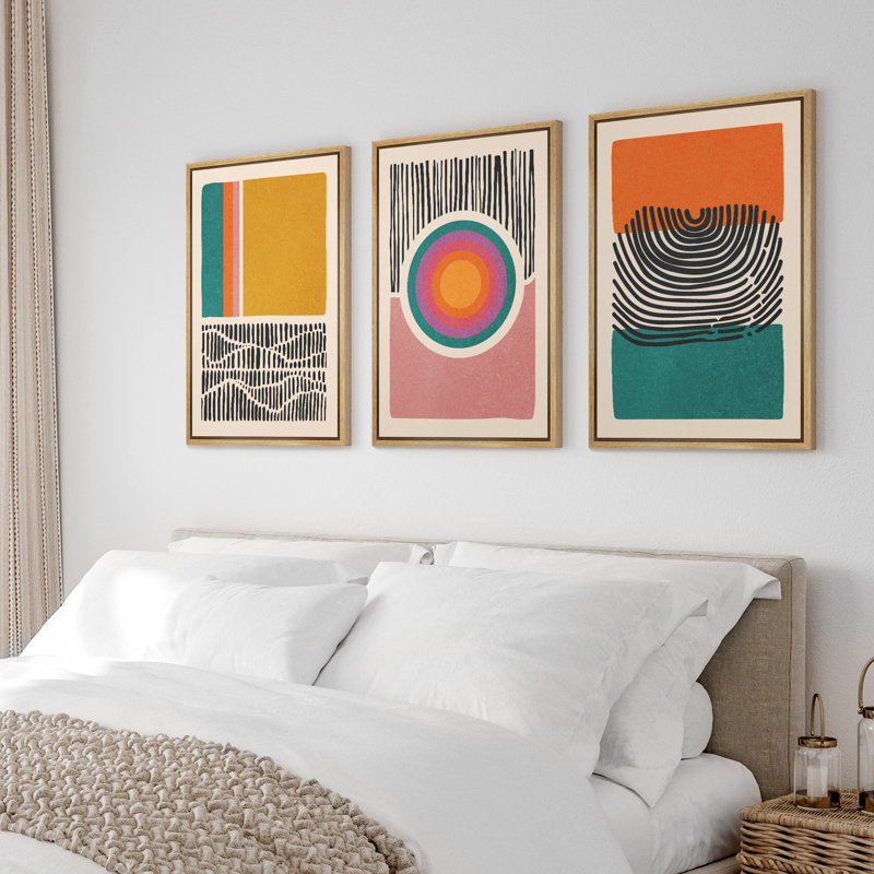 Abstract Vibrant Color Blocks " Mid-Century Multicolor Color Block Shape Abstract Geometric " 3 - Pieces, Natural