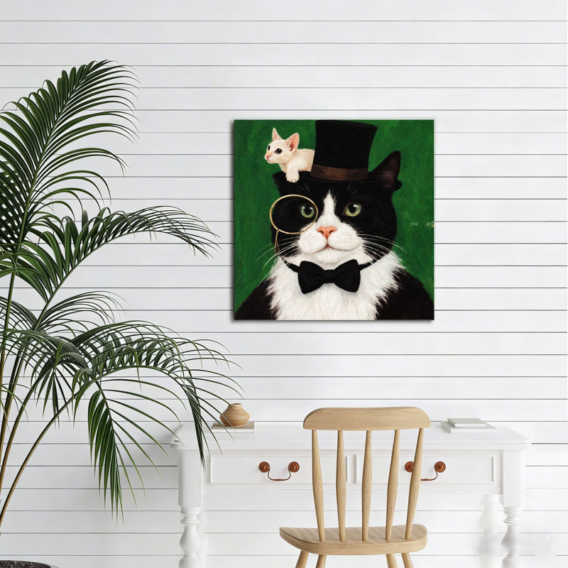 Chat avec chapeau haut de forme et chaton, art mural sans cadre, 16 x 16