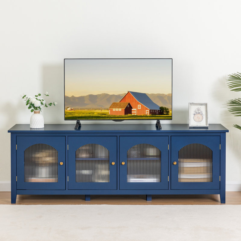 Alberta 70"L Modern TV Stand Cabinet with 4 Doors, Wood Wide Entertainment Center, Glass Doors, Blue