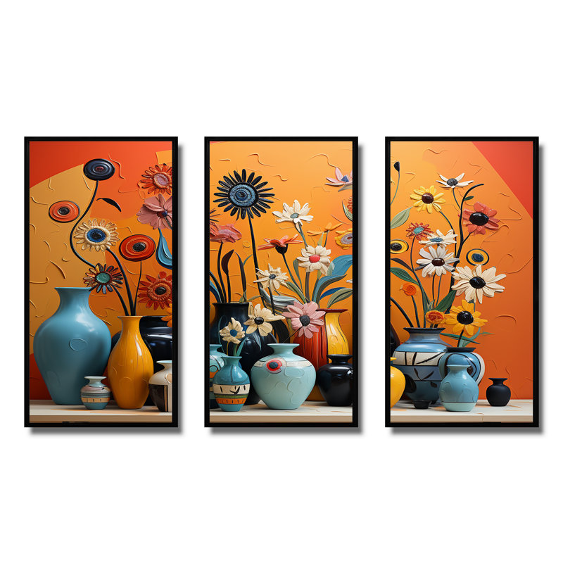 «Orange Boho Pottery Expressions II», art mural Boho, H 28 po x l 36 po x P 1 po, Cadre flottant noir