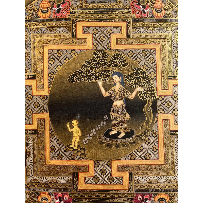 Mandala de la mère Mayadevi et la naissance du Bouddha (Brocadeless Thangka)