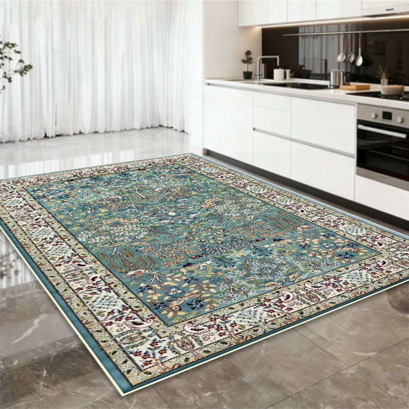 Area Rugs Washable Non-Slip, Floral Vintage Distress Print Pattern Medallion Carpet for Living Room Bedroom Dining Room, Teal Green Lake Blue Turquoise
