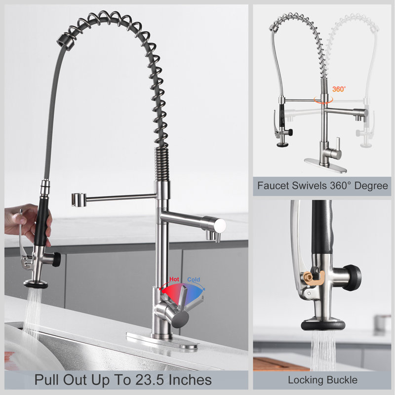 Deck Mounted 2-Handle Pull Down Sprayer Commercial Kitchen Faucet with Pre-Rinse Sprayer, Brushed Nickel