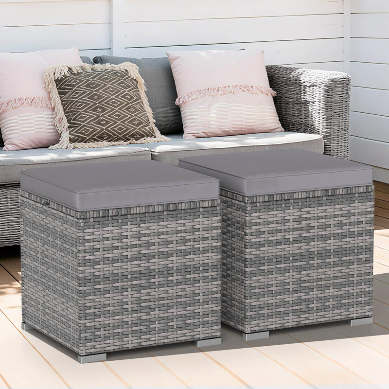2PCS Patio Rattan Ottomans Seat Side Table Storage Box Footstool with Cushion Gray, Gray