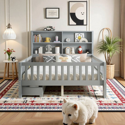 Full Size Storage Platform Bed With Chalkboard Headboard Drawers And Shelves For Kids’ Room