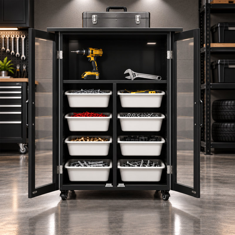 Armoire à outils roulante noire de 27,4 po de largeur avec 8 plateaux amovibles et portes en verre