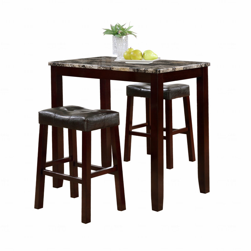 3-Piece Counter Height Glossy Print Marble Breakfast Table With Dining Stools