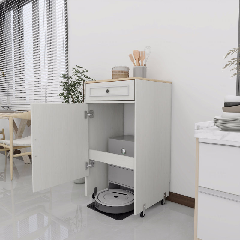 Armoire sur pied avec roulettes, support de robot de balayage avec portes et tiroirs, table d'appoint