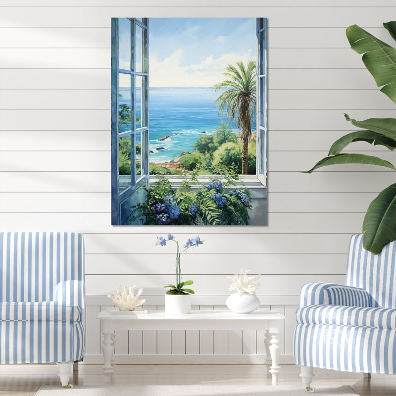 «Tropical Windows To The Beach I» - art mural de fenêtres côtières, Toile tendue, 32" H x 16" W