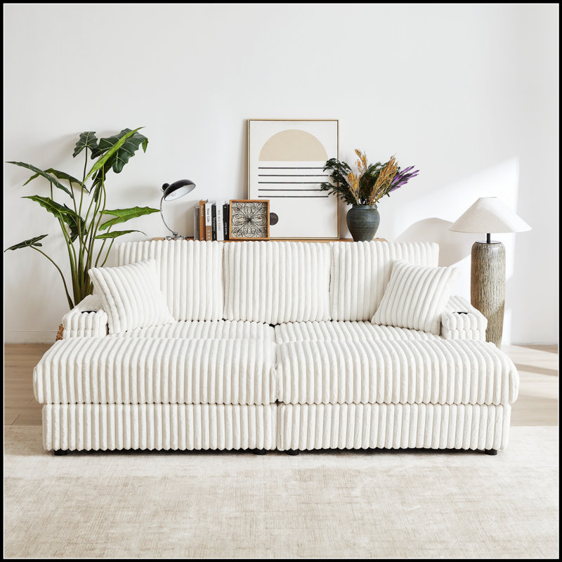 Canapé 84 places en velours côtelé 84 pouces avec 3 coussins décoratifs et 2 coussins décoratifs, Beige