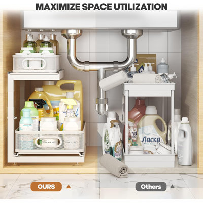 Ensemble de 2 compartiments de rangement sous l'évier, tiroir coulissant en filet à 2 niveaux avec glissière arquée pour un coulissement fluide, tablette d'armoire coulissante pour le rangement des petits articles de cuisine et de salle de bain