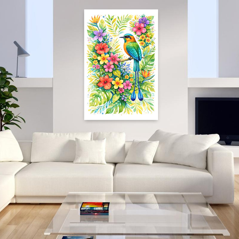 Motmot dans un paysage tropical, H 48 po x l 32 po