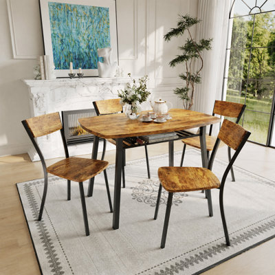 Ensemble de table de salle à manger pour 4 personnes avec support de rangement intégré, chaises à dossier trapézoïdal, ensemble de 4 tables de cuisine en MDF de 43,3 pouces et 4 chaises, peu encombrantes pour les petits appartements, coins arrondis