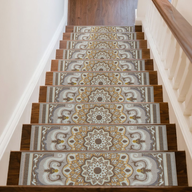 Nalesha Edging Stair Treads Non-Slip Carpet Mat Indoor Stair Runners for Wooden Steps, 15, Beige Monochromatic Geometric