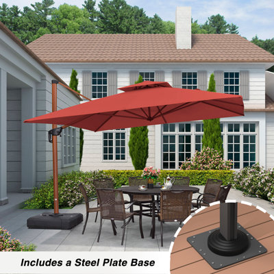 Parasol en porte-à-faux carré en bois de 132 po avec base en tôle d'acier, rouge brique