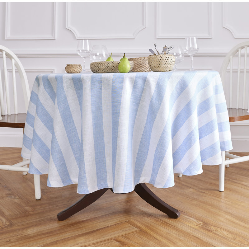Cabana Stripe - 100% Pure Linen Round Tablecloth, 60" Round, Sky Blue and White