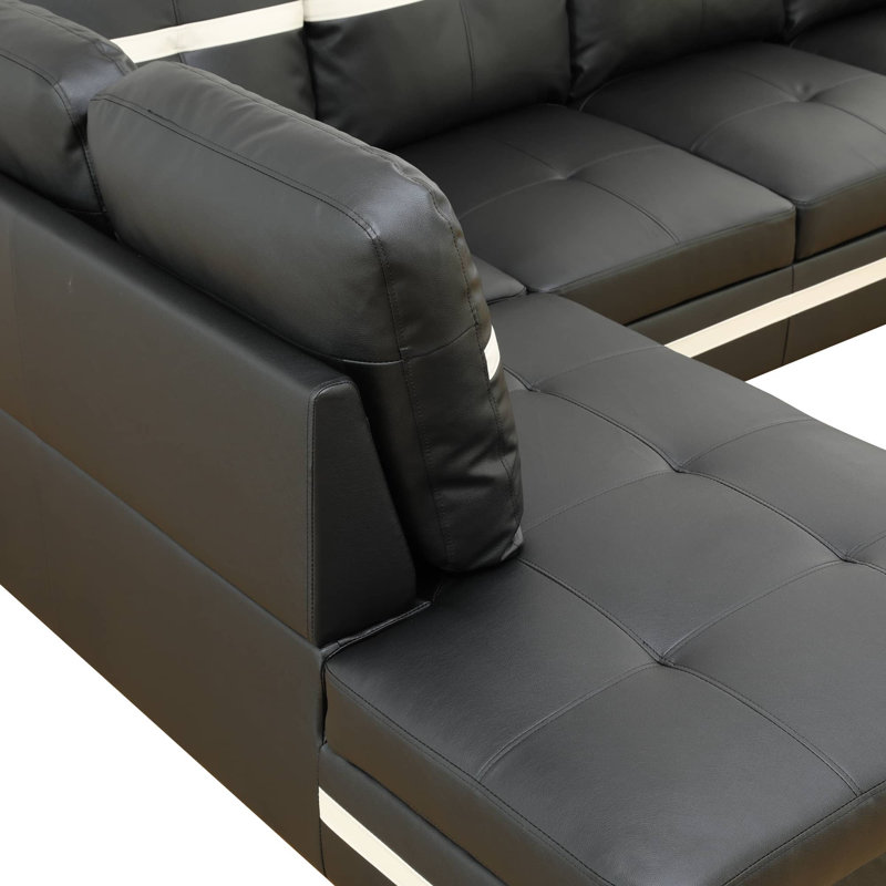 Canapé et chaise longue avec repose-pieds Beesley, Orienté à gauche (vu de face), Similicuir noir / blanc, Noir