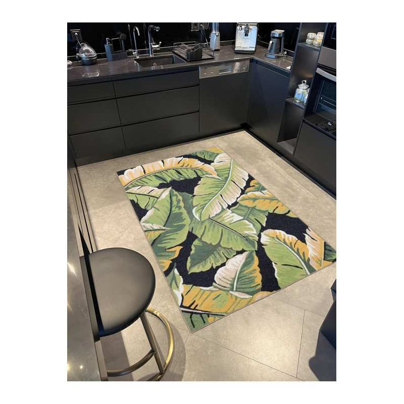 Tapis tissé noir à motif de feuilles lavables, Sous-tapis rectangulaire 4 pi 7 po x 6 pi 7 po inc
