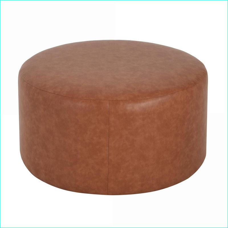Ottoman, Modern Round Faux Leather Footrest/Seating/Side Table, 30”x30”x16”, Cognac Brown | Faux Leather | Plywood, Brown