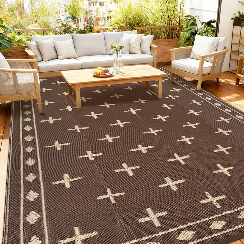 Tapis d'extérieur imperméable et réversible en paille de plastique pour l'extérieur, Brun, Rectangle 9 pi x 12 pi