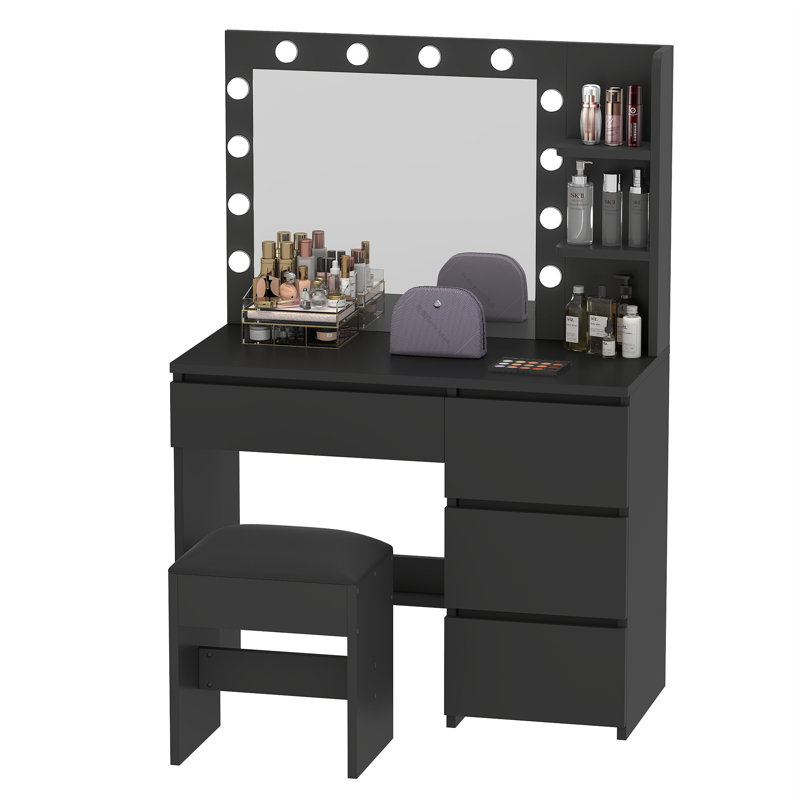 4-Drawer Makeup Vanity Table,Black Dressing Table with Mirror