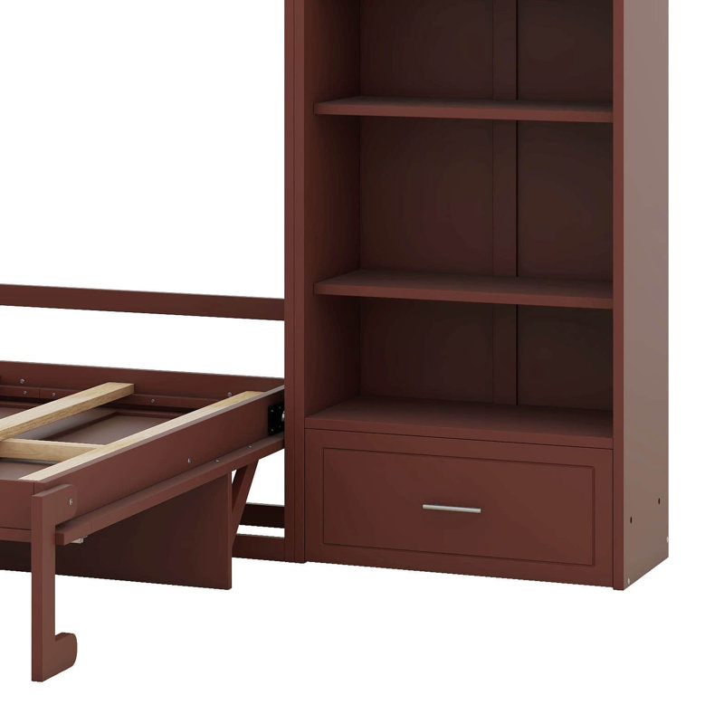 Grand lit escamotable avec rangement réglable, cadre de lit mural avec 4 compartiments, 1 grand tiroir, lit plateforme pliable