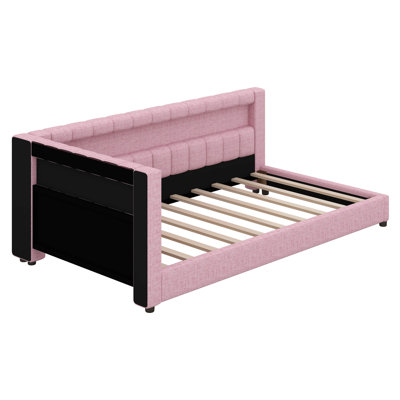 L-Shape Corner Platform Bed With USB Ports & LED Belt & Storage Space,Linen Upholstered Tufted Platform Bed Frame