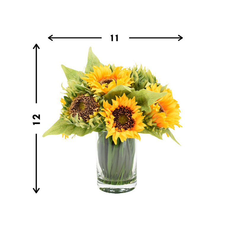 Sunflowers In Glass Vase With Grass, Yellow