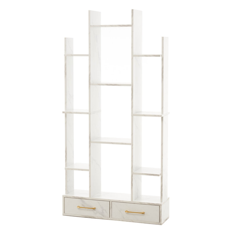 67" H x 33.5" W 3-Tier Bookcase with Open Shelves & 2 Drawers, White