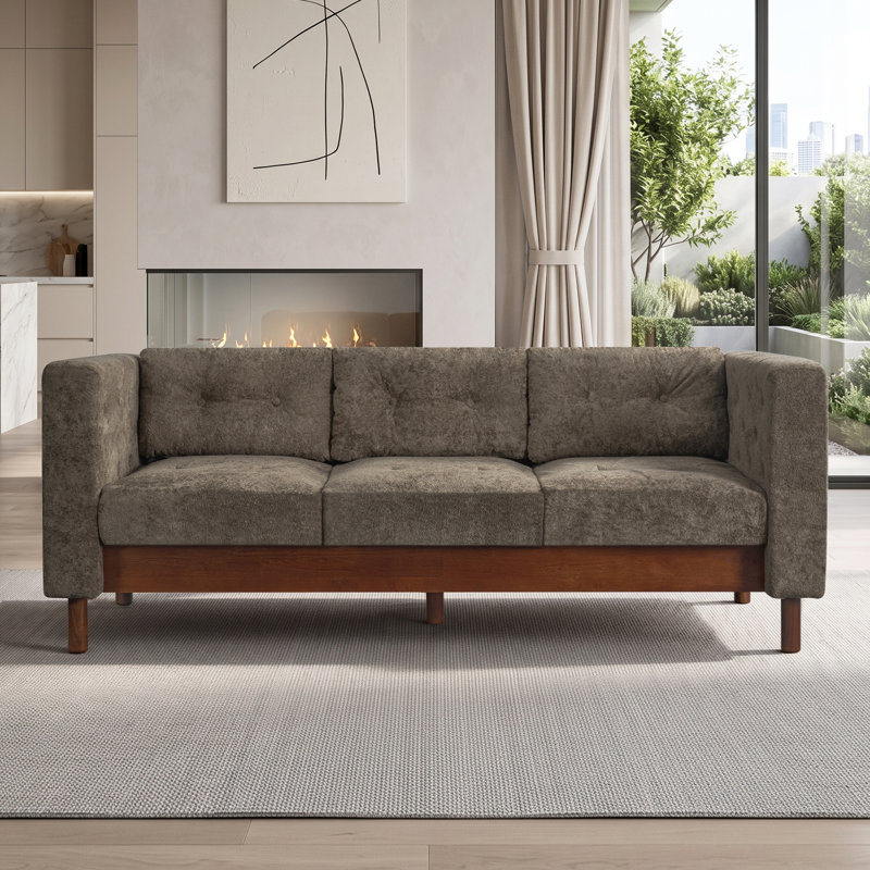 Canapé moderne 3 places en chenille de 198 cm (78 po), canapé capitonné à accoudoirs carrés avec pieds en bois d'hévéa, canapé rembourré multi-coussins pour salon ou appartement