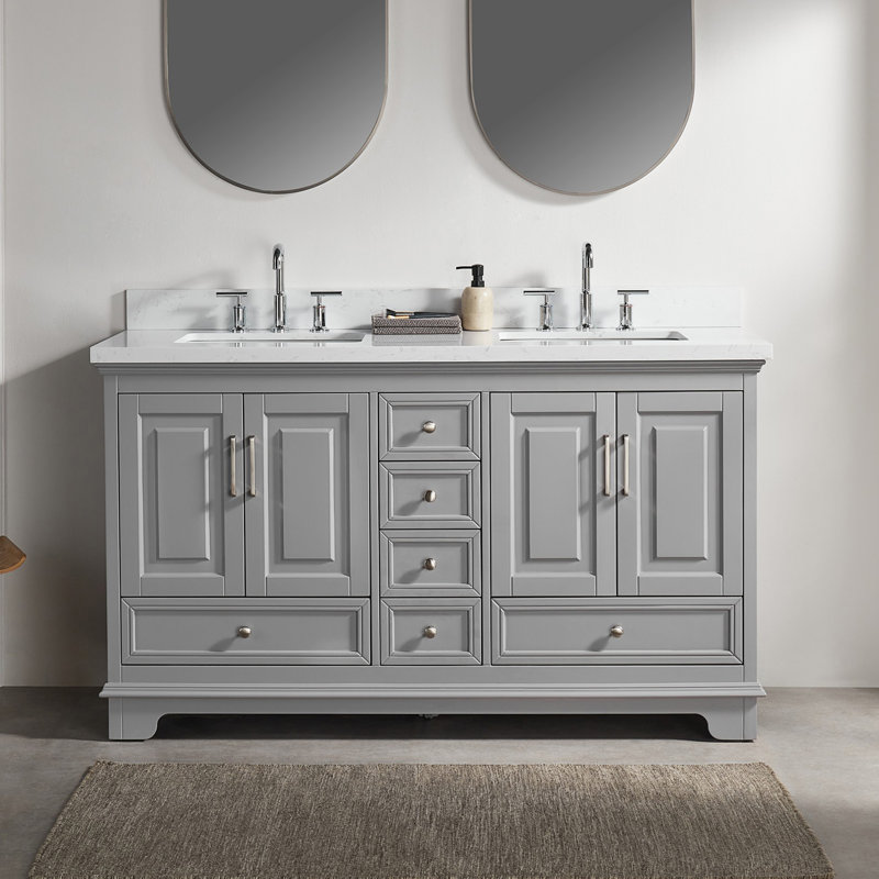 Meuble-lavabo double autoportant de 60 po avec pierre artificielle entièrement assemblé, Gris