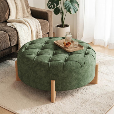 32" Round Tufted Ottoman with Solid Wood Legs, Modern Coffee Table with Tufted Buttons, Piping Lines, Chenille Fabric Footrest for Living Room