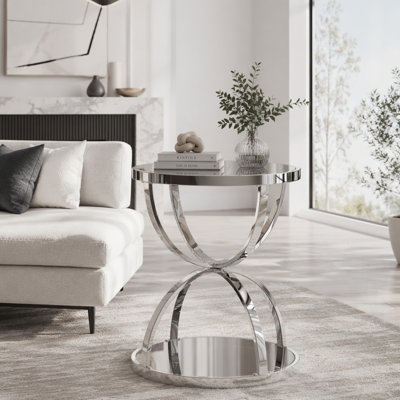 Table d'appoint moderne en verre avec 2 niveaux, cadres en forme d'anneau, finition chromée et verre trempé gris, table basse ronde pour salon, chambre à coucher et bureau