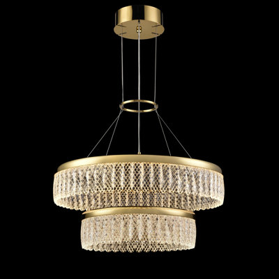 Double tiered LED pendant in a gold finish and delicate lattice detailed crystal glasses with scalloped edge