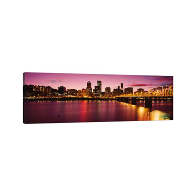 Skyscrapers Lit Up At Sunset, Willamette River, Portland, Oregon, USA - Wrapped Canvas Panoramic Print