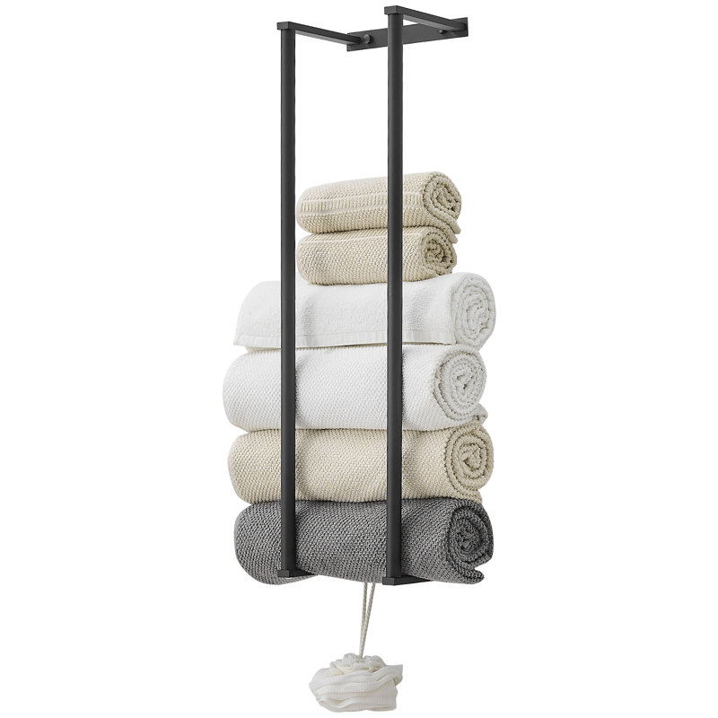 Wall Mounted Bathroom Organizer Bath Towel Holder For Rolled Towels Modern Small Space Bathroom Towel Storage, Matte Black