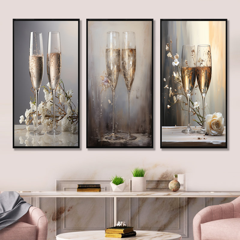Richelle - Ensemble de 3 reproductions d'art mural champagne, Cadre flottant noir, H 32 po x l 48 po