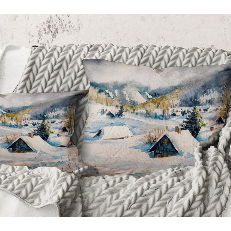 Square, Mountain Village In Winter - Coussin décoratif à imprimé traditionnel, 18" x 18"