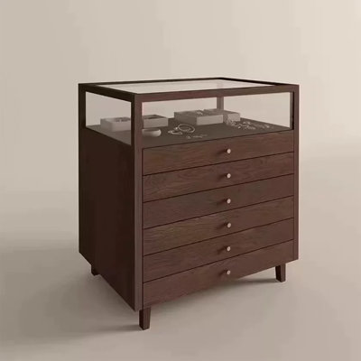 Dark-walnut Solid Manufactured Wood Glass Jewelry Display Storage Cabinet with drawer-style storage compartments