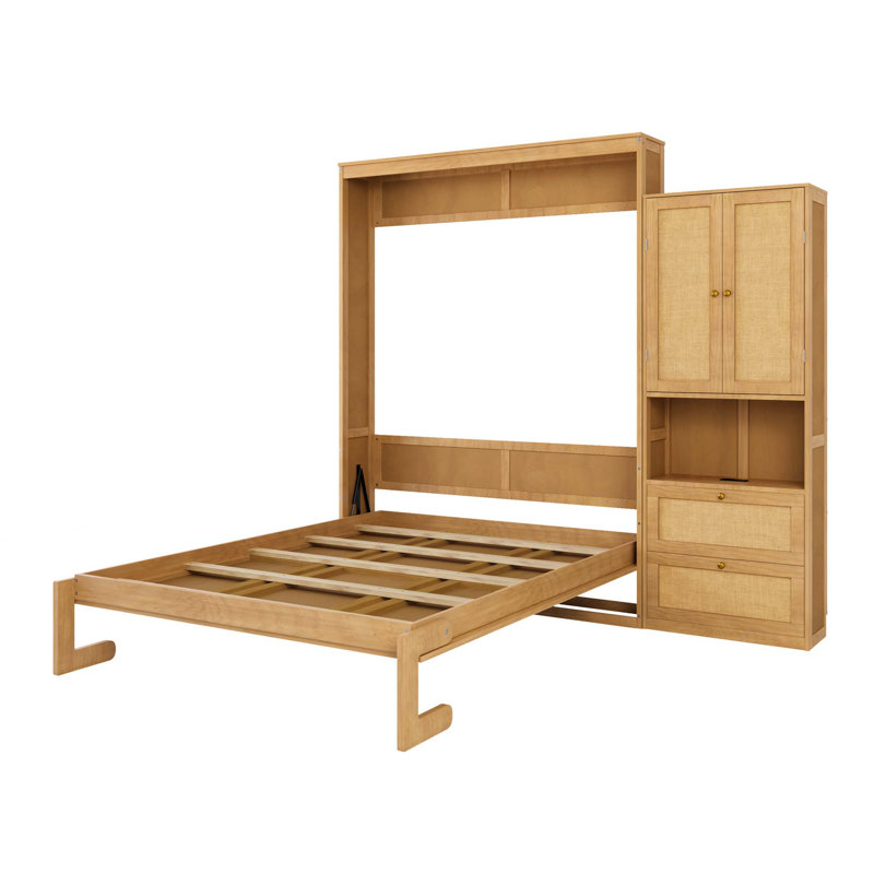 Lit escamotable en bois massif avec tablette de rangement en rotin, Double , Naturel