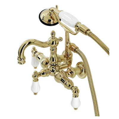 Kingston Brass Heritage Three-Handle 2-Hole Tub Wall Mount Clawfoot Tub Faucet with Hand Shower