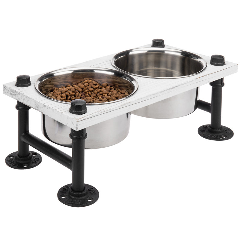 White Wood and Black Metal Elevated Dog Feeder with Stainless Steel Bowls