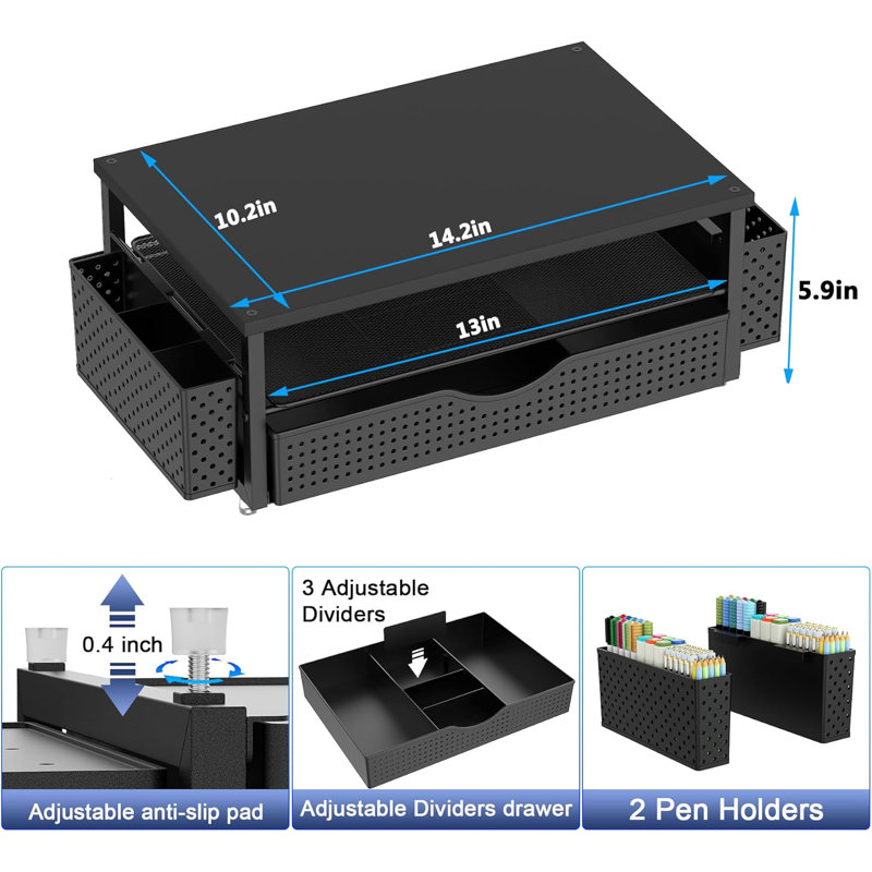Organisateur de bureau et accessoires, support pour écran d'ordinateur avec tiroir et 2 porte-stylos